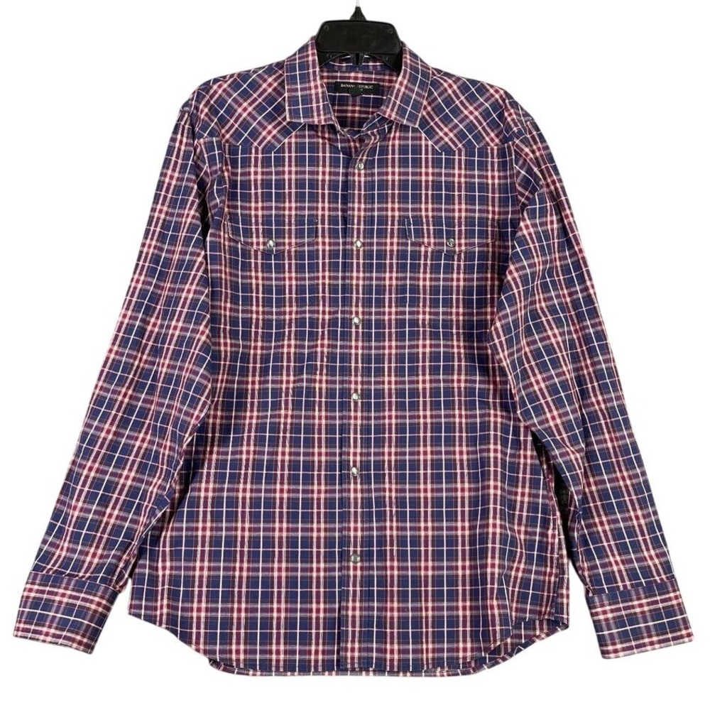 Banana Republic Pearl Snap Western Shirt Mens L Plaid Slim‎ Cowboy Farm Casual